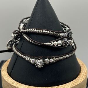 Lucky Brand - Wrap Bracelet Brown Leather Cord Silver Bead Button Clasp 19"